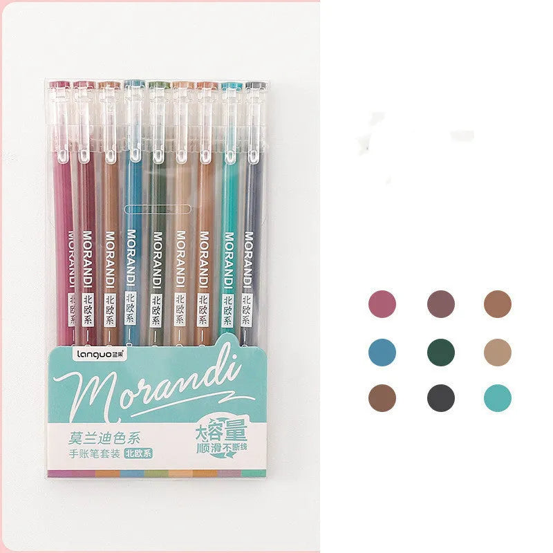 Retro hand account gel pen set showing nine colour pens with 0.5mm needle tips and plastic construction