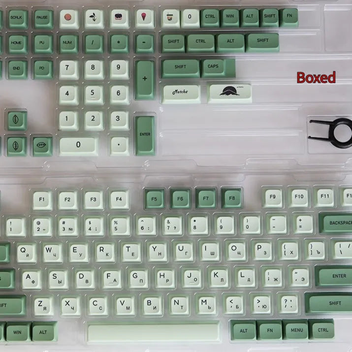 124 Key Matcha green PBT sublimation keycap set for mechanical keyboards laid out flat.
