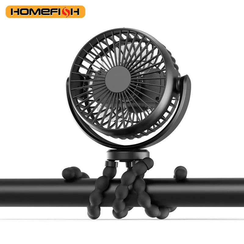 HOMEFISH F2 automatic shake head handheld fan with LED light and removable bracket on a table.