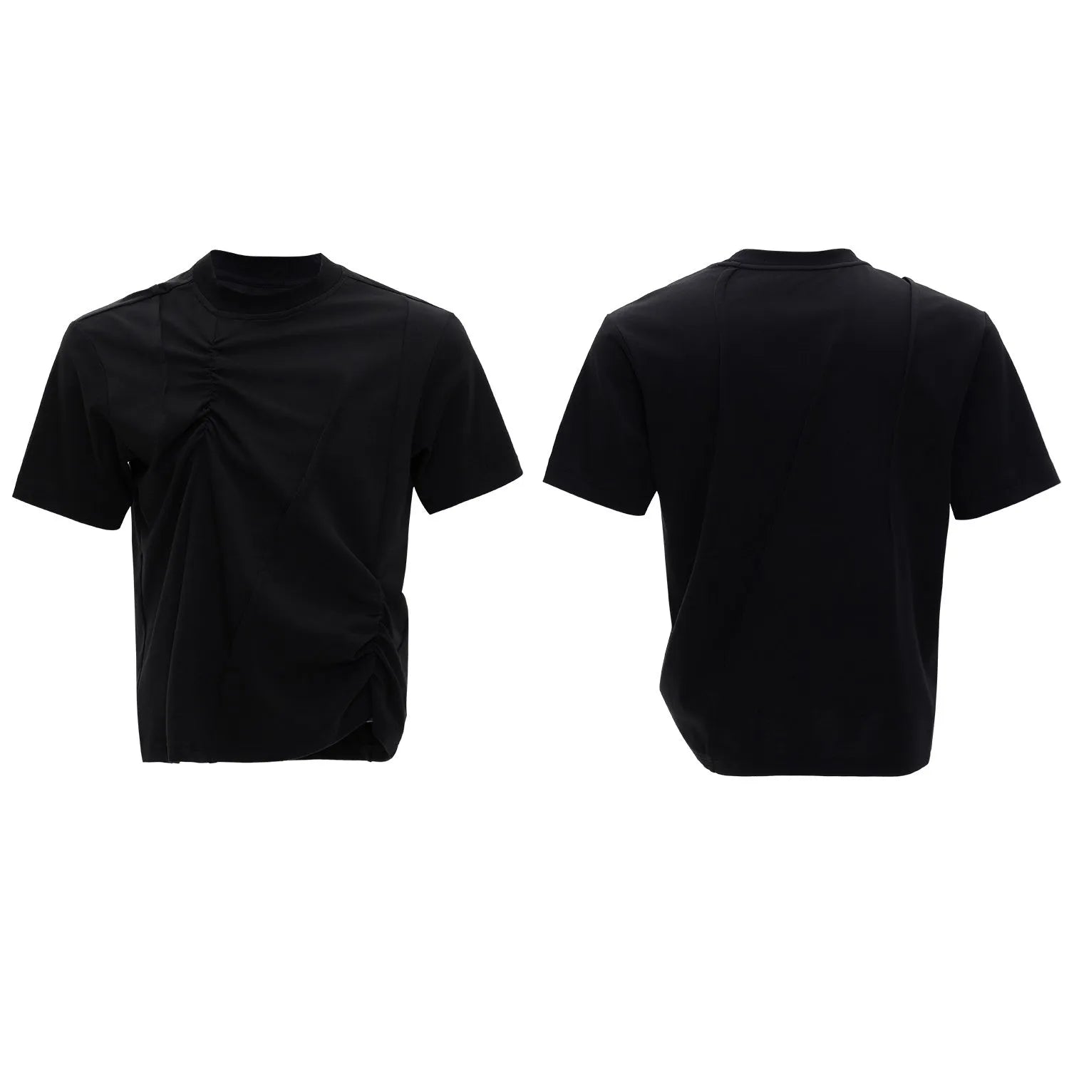 Men's grey cotton T-shirt with pleated detail on the front, showing a loose fit and round neck.