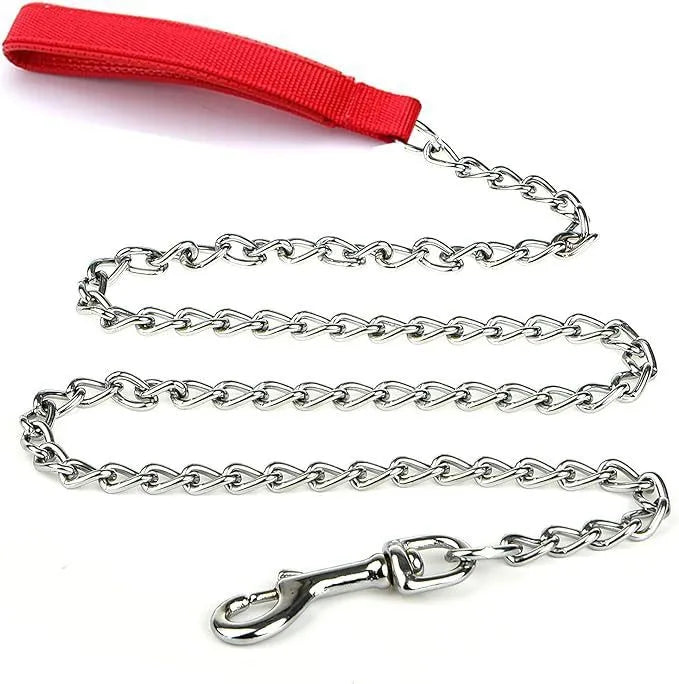 Heavy duty metal dog leash with soft black padded handle and silver chain, shown with a large dog collar clip.