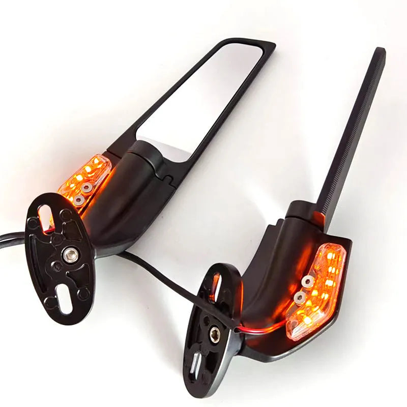 Pair of motorcycle rearview mirrors with yellow running lights and a convex lens, made from aluminium alloy.