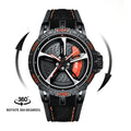 Men's quartz skeleton watch with 47mm steel case, luminous hands, and black rubber strap on grey background