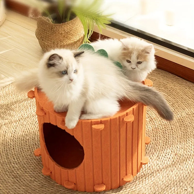 Carrot-shaped cat tunnel in thick felt fabric with semi-enclosed design for indoor cat privacy