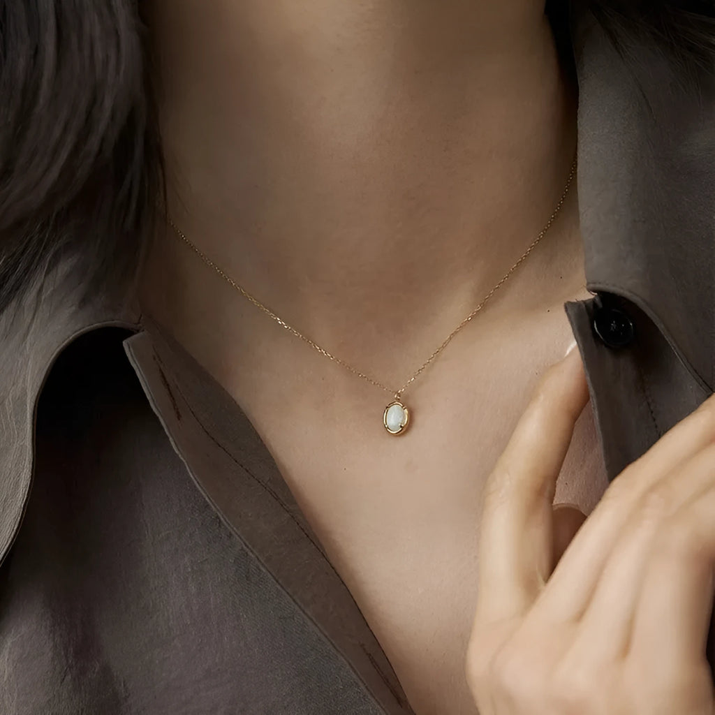 925 silver geometric oval pendant necklace with jelly opal in gold or white gold colour