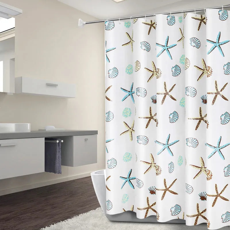 PEVA shower curtain with stainless steel buttonholes in a geometric abstract pattern, simple modern style for a bathroom.