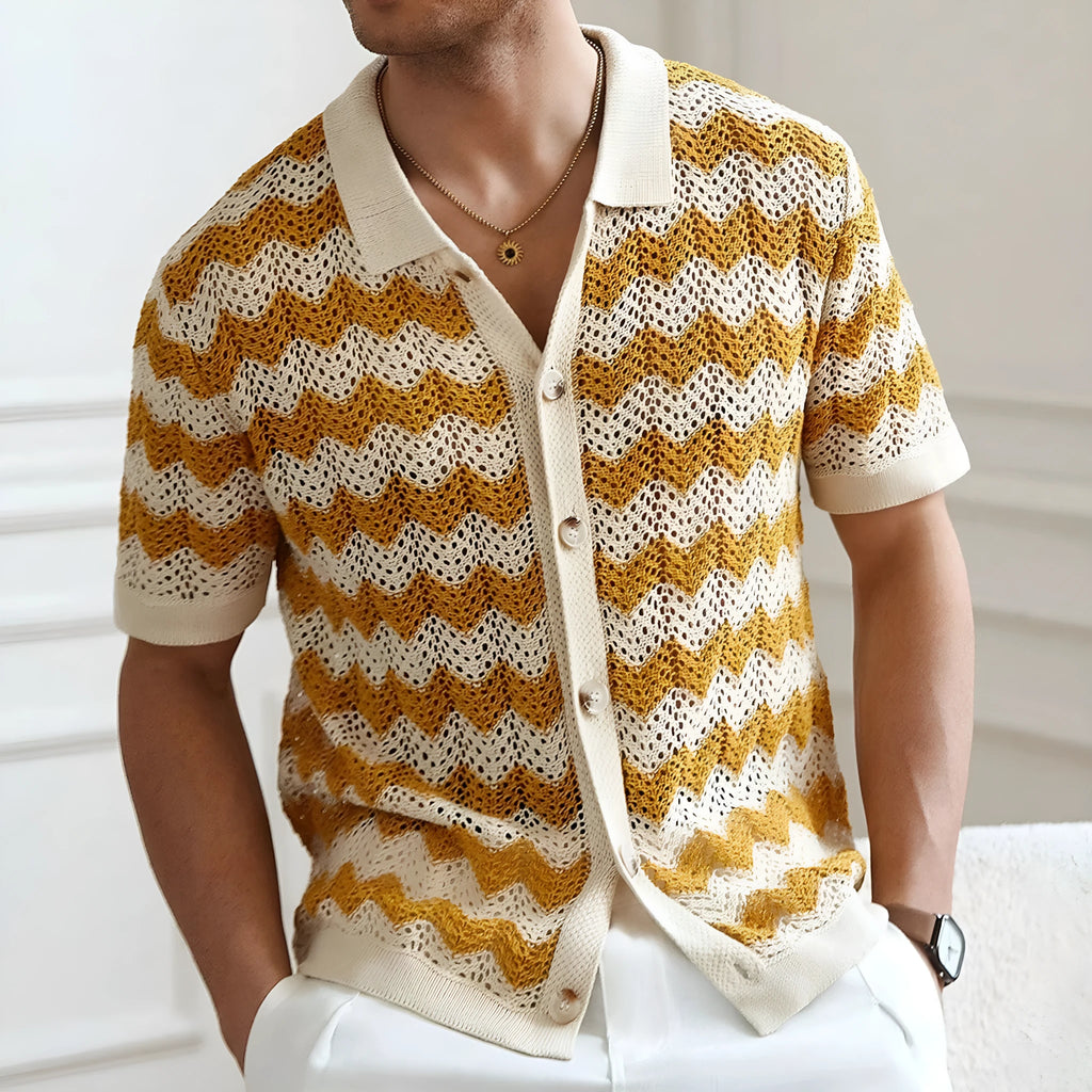 Blue hollow jacquard corrugated short-sleeved sweater with flocking detail