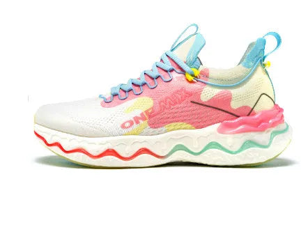 Women's cushioned running shoes with thick rubber soles in a no-lace design on a neutral background.