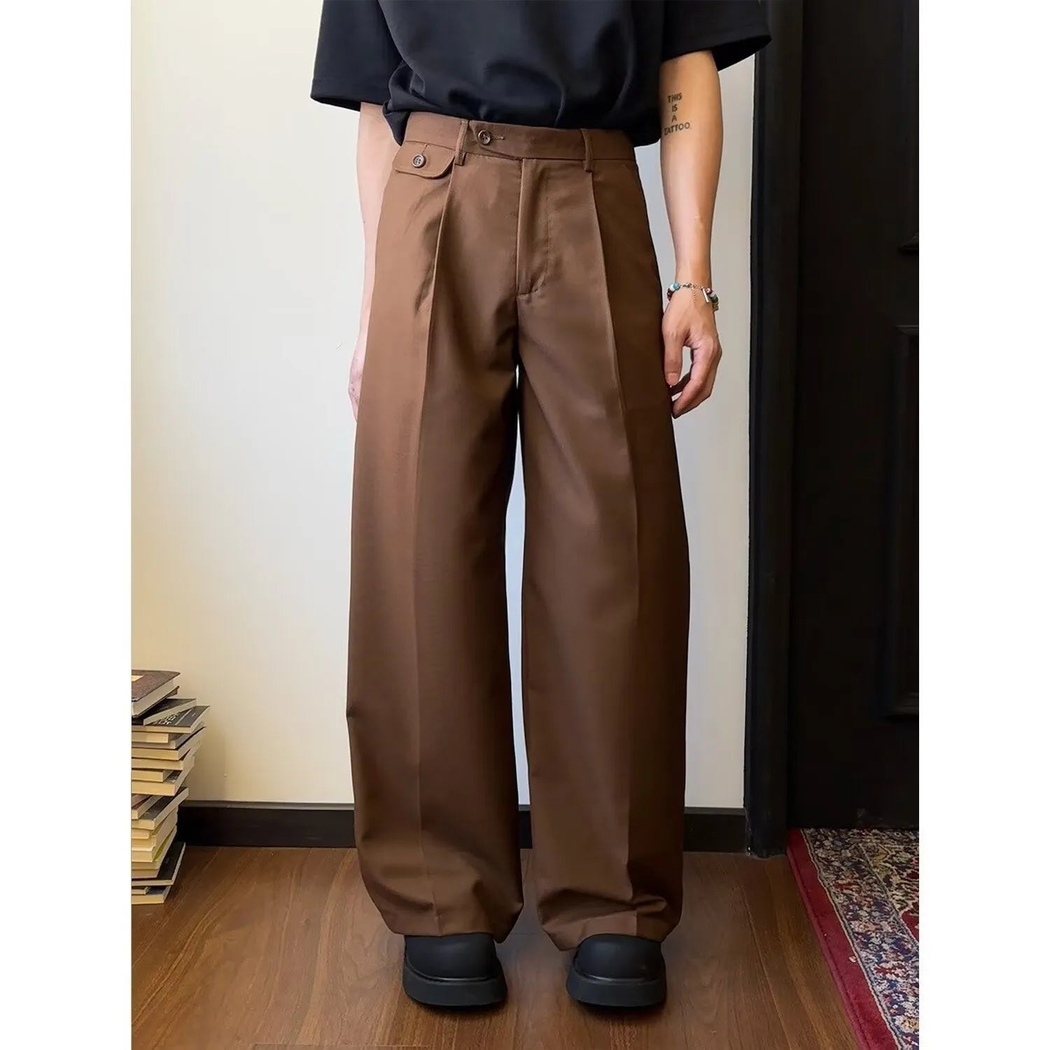 Men's straight-leg casual trousers with loose wide-leg fit in polyester blend fabric