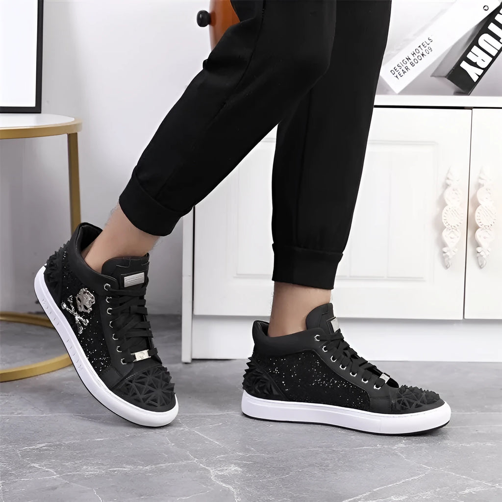 Men's black genuine leather high top skeleton shoes with lace-up front and rubber sole
