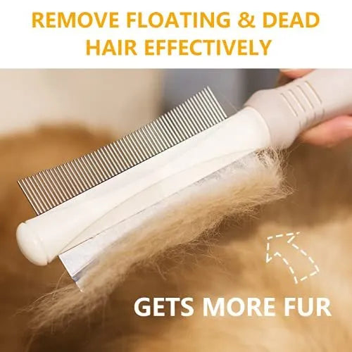 White double-sided pet grooming brush with deshedding and comb functions, curved design, ergonomic handle