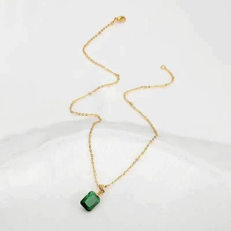 Copper rectangular geometric pendant necklace with quadrilateral design on O-ring chain in green colour