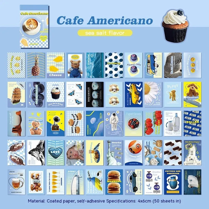 American retro cartoon sticker book with 50 adhesive 4x6cm journal decoration stickers in six colours