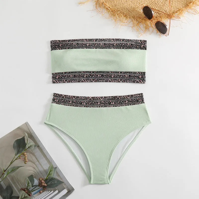 Black strapless swimsuit set with leopard print splicing detail on briefs