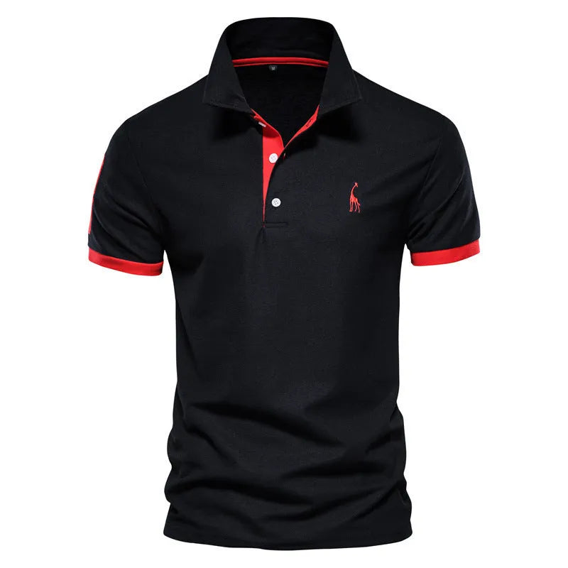 Close-up of a men's slim-fit t-shirt with a detailed embroidered deer design on the chest.