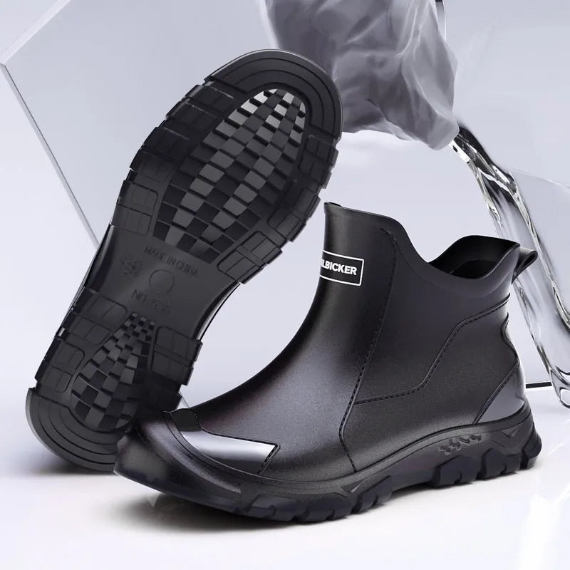 Korean style short tube PVC rain boots in black and red with non-slip rubber soles