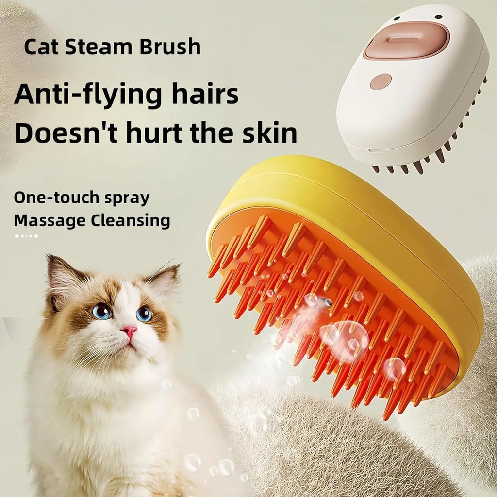 White and yellow rechargeable steam pet grooming brush with rubber comb teeth