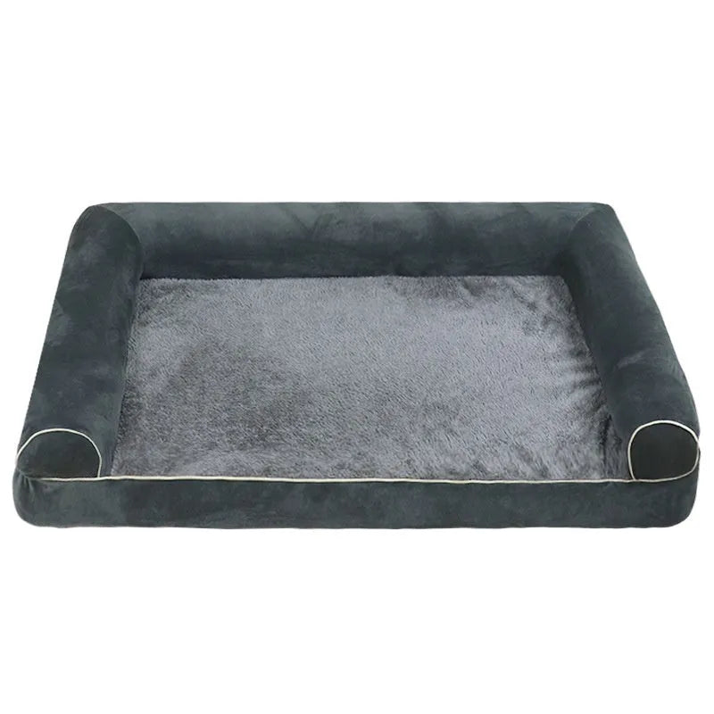 Square sponge dog bed with a breathable, washable cloth cover shown in a blue colour.