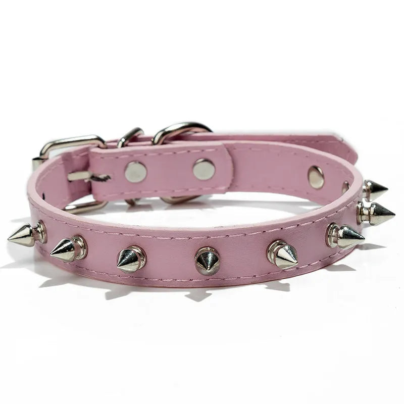 A spiked dog collar made of black PU leather with silver metal studs and an alloy buckle.
