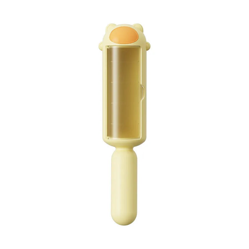 Reusable pet hair remover roller with self-cleaning base in blue, pink, or yellow colours.
