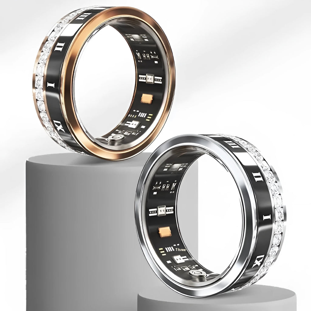 Silver and gold smart rings with diamond inlay displaying blood oxygen monitoring functions