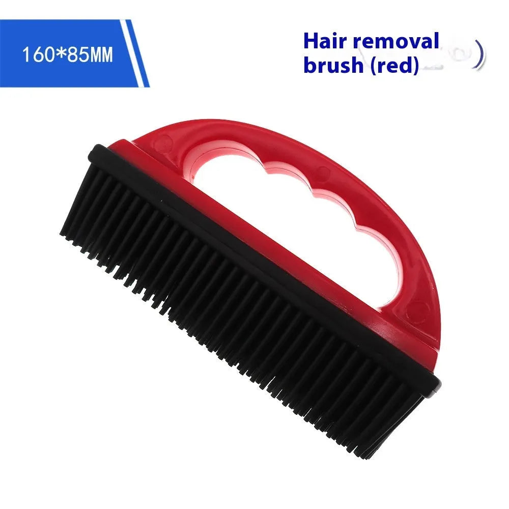 Red silicone pet hair removal brush with massage function for dog grooming and carpet cleaning