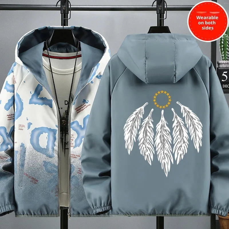 Men's reversible printed casual jacket in polyester, Chinese Style Beige colour, shown in front view