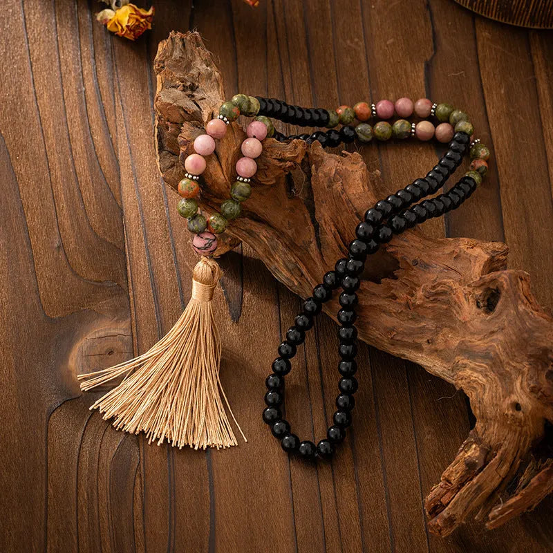 Vintage tassel bohemian beaded chain necklace and matching bracelet in natural stone with electroplated finish