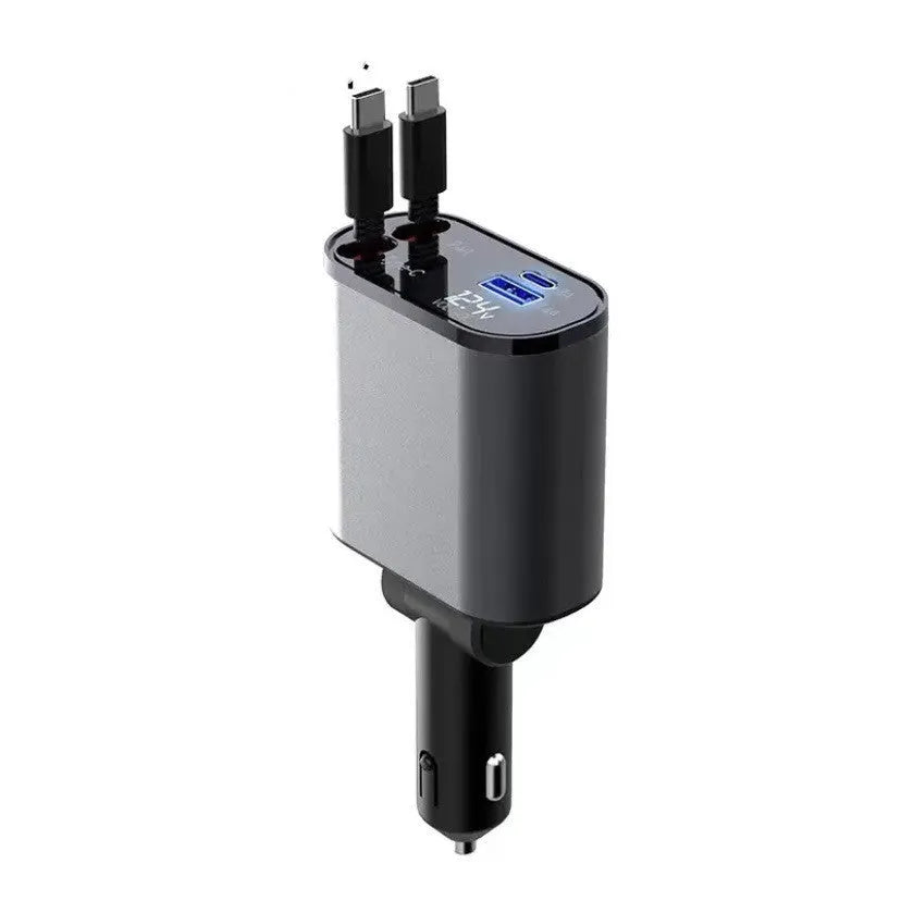 100W metal car charger with retractable cable and adjustable head for fast mobile charging in a car