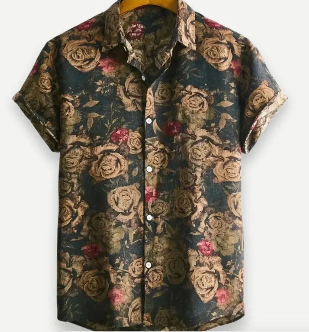 Man wearing a short sleeve Hawaiian print shirt with a floral lapel, made from elastic polyester fabric.