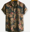 Man wearing a short sleeve Hawaiian print shirt with a floral lapel, made from elastic polyester fabric.