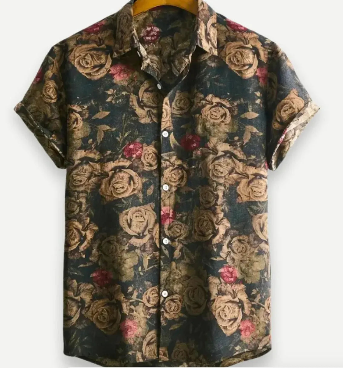 Man wearing a short sleeve Hawaiian print shirt with a floral lapel, made from elastic polyester fabric.