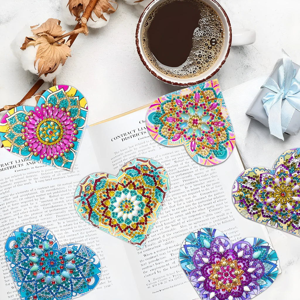 Six handmade PU leather bookmarks with stick-on crystal flowers in cornerite designs