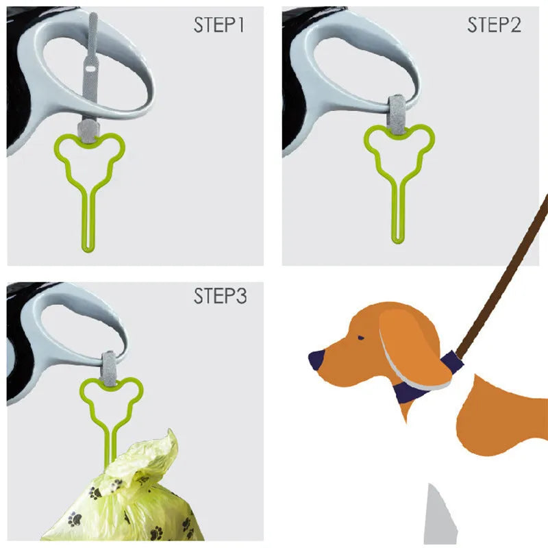 Hands-free dog poo bag holder with velcro strap attached to a dog lead.