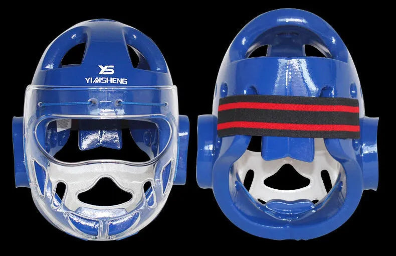 Karate boxing helmet head protection equipment in white, blue, or red colours