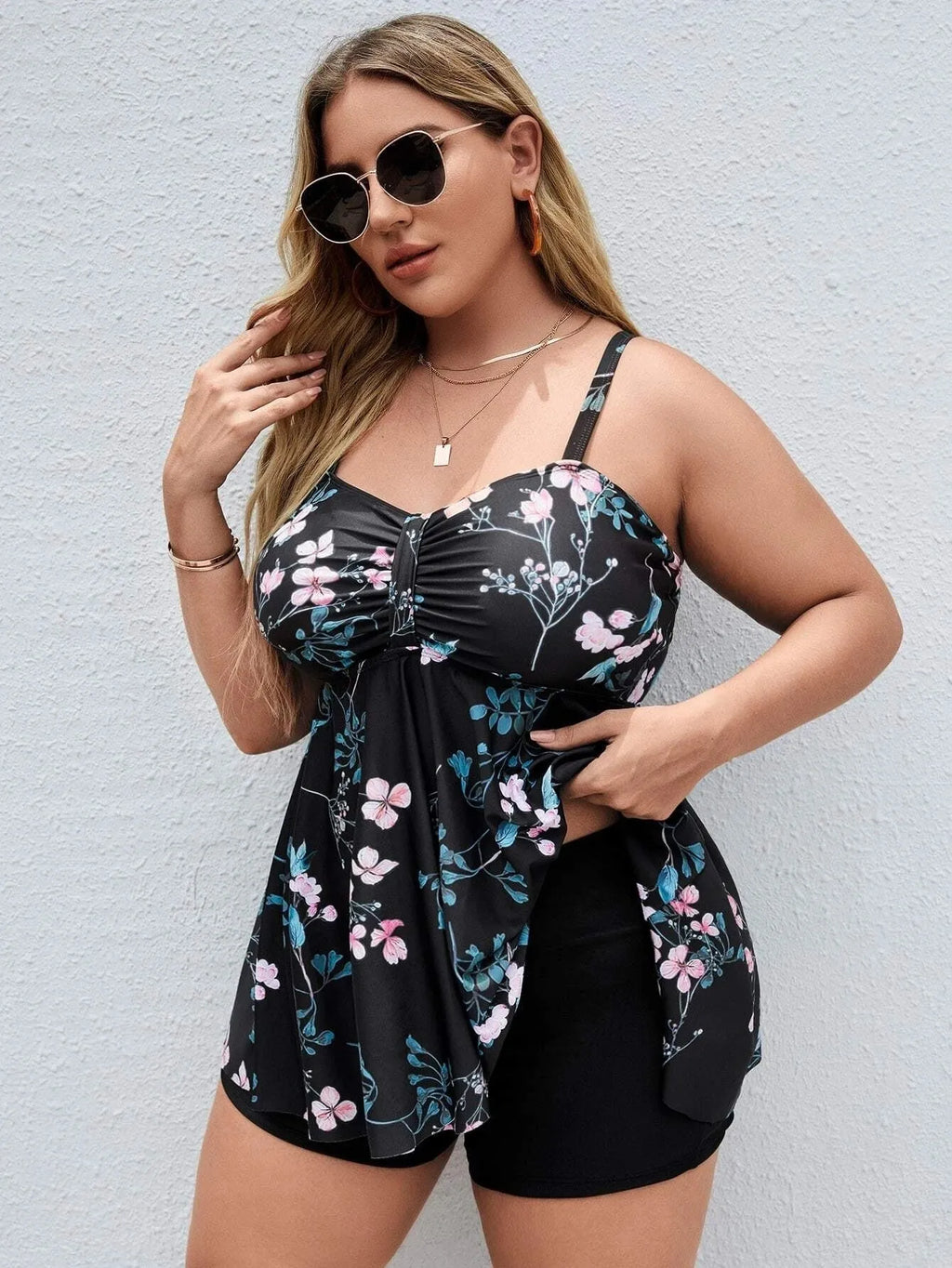Women's floral print one-piece swimsuit with split colour design and high elasticity fabric