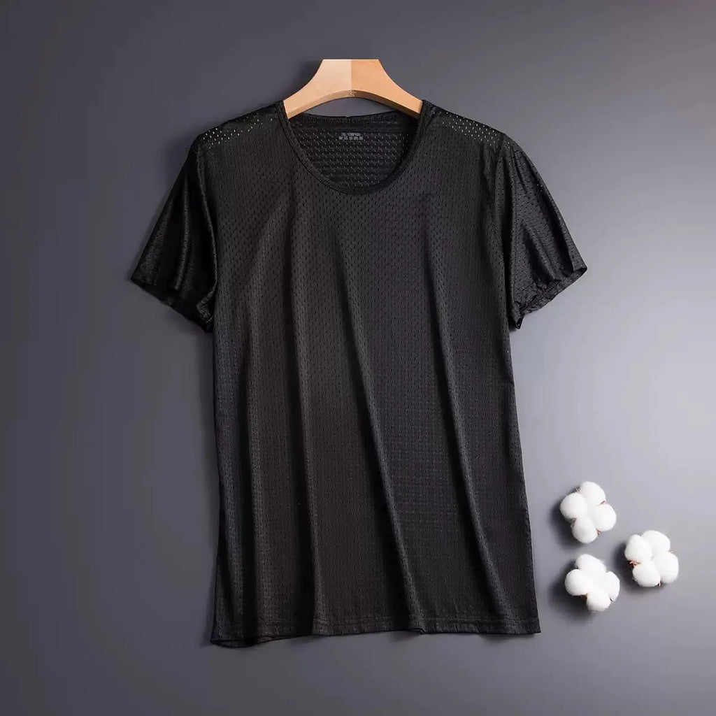 Men's ice silk short sleeve t-shirt in a solid colour showing loose fit and crew neck.