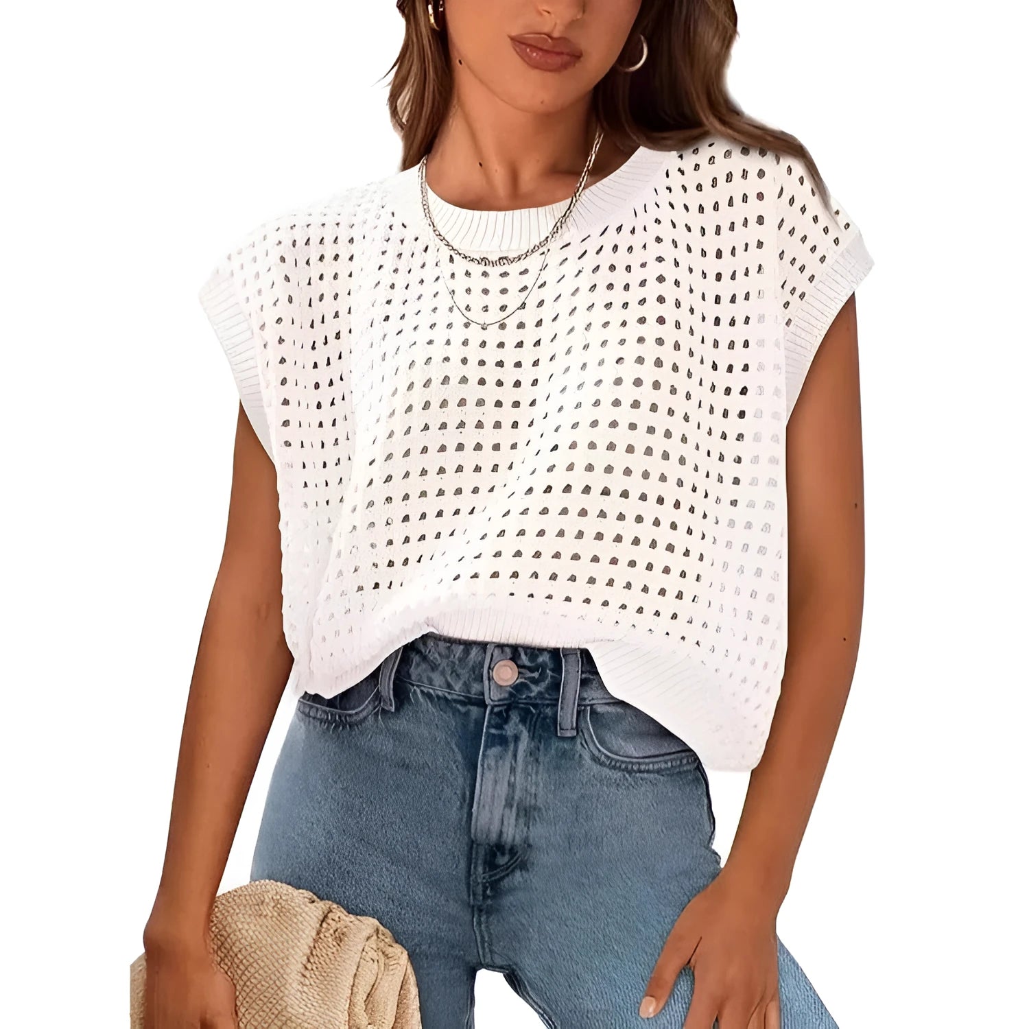 White crochet cover-sleeve sweater with decorative floral stitching on sleeves