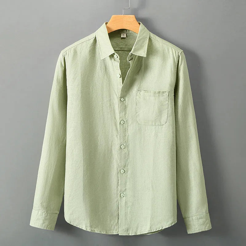 Long sleeve loose fit linen shirt in a solid colour, styled as a Chinese cardigan.
