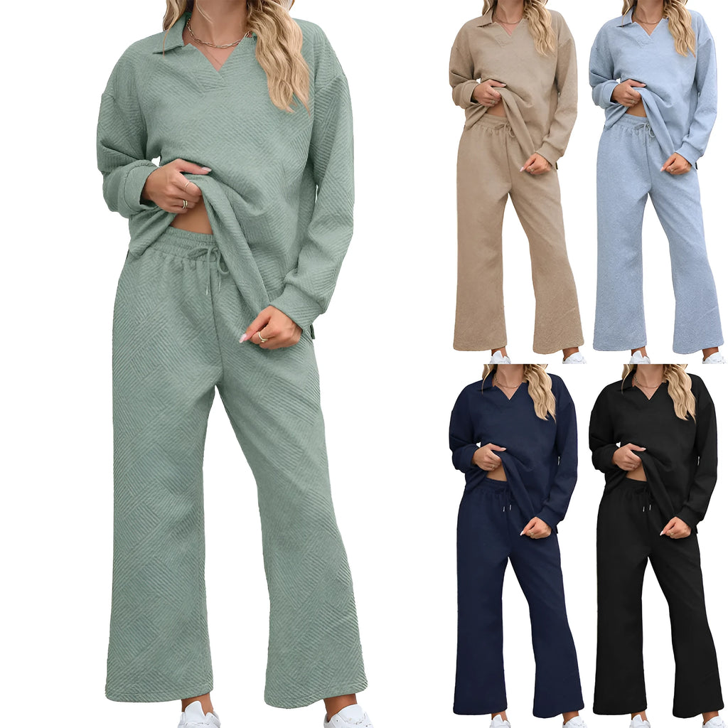 Women's black geometric pattern knitted jacquard two-piece suit with long sleeves and elastic waist trousers