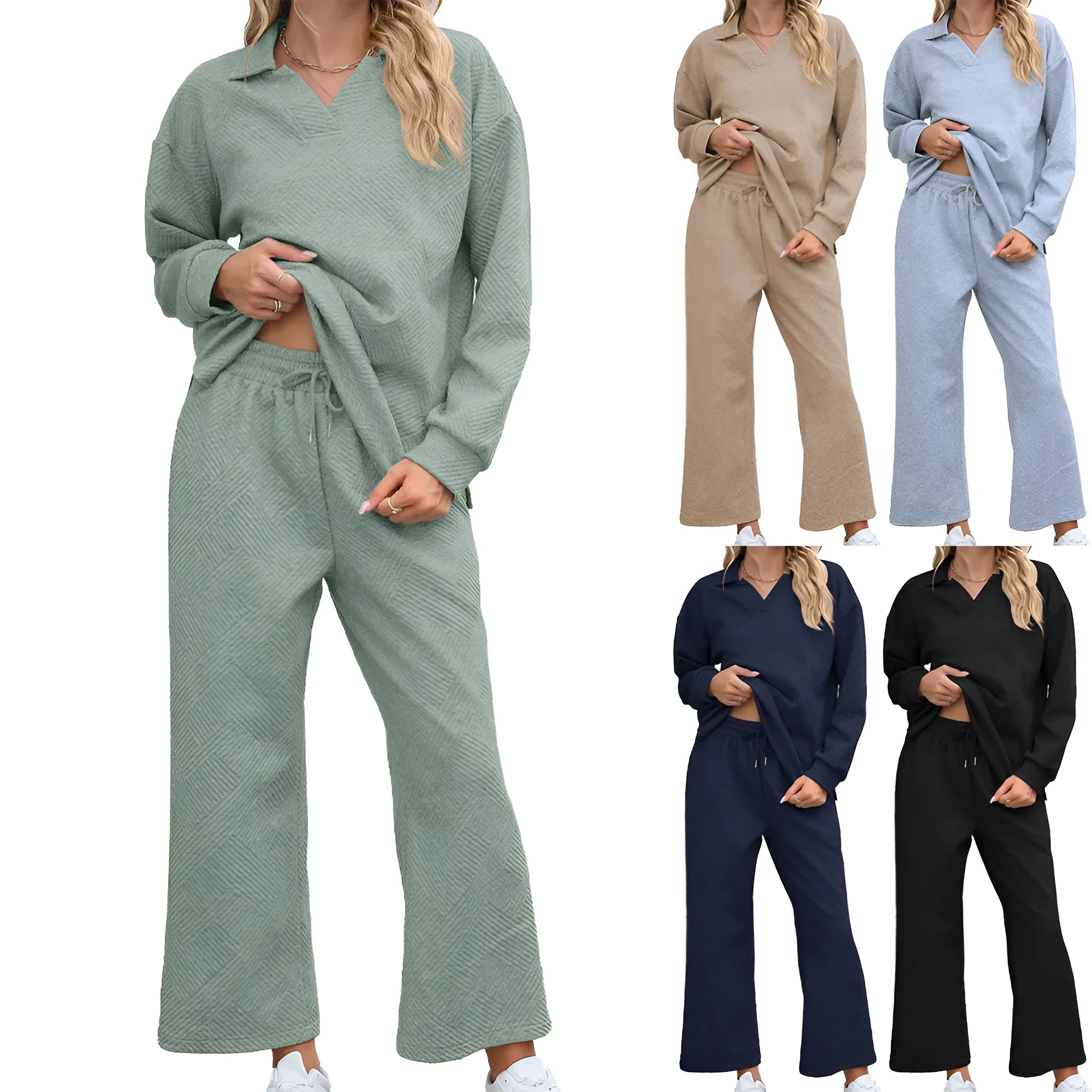Women's black geometric pattern knitted jacquard two-piece suit with long sleeves and elastic waist trousers