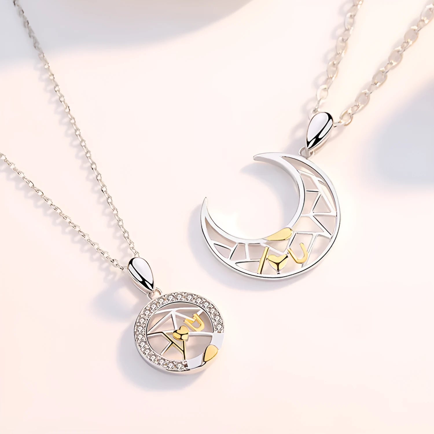 Copper sun and moon couple necklace with cross chain for him and her.