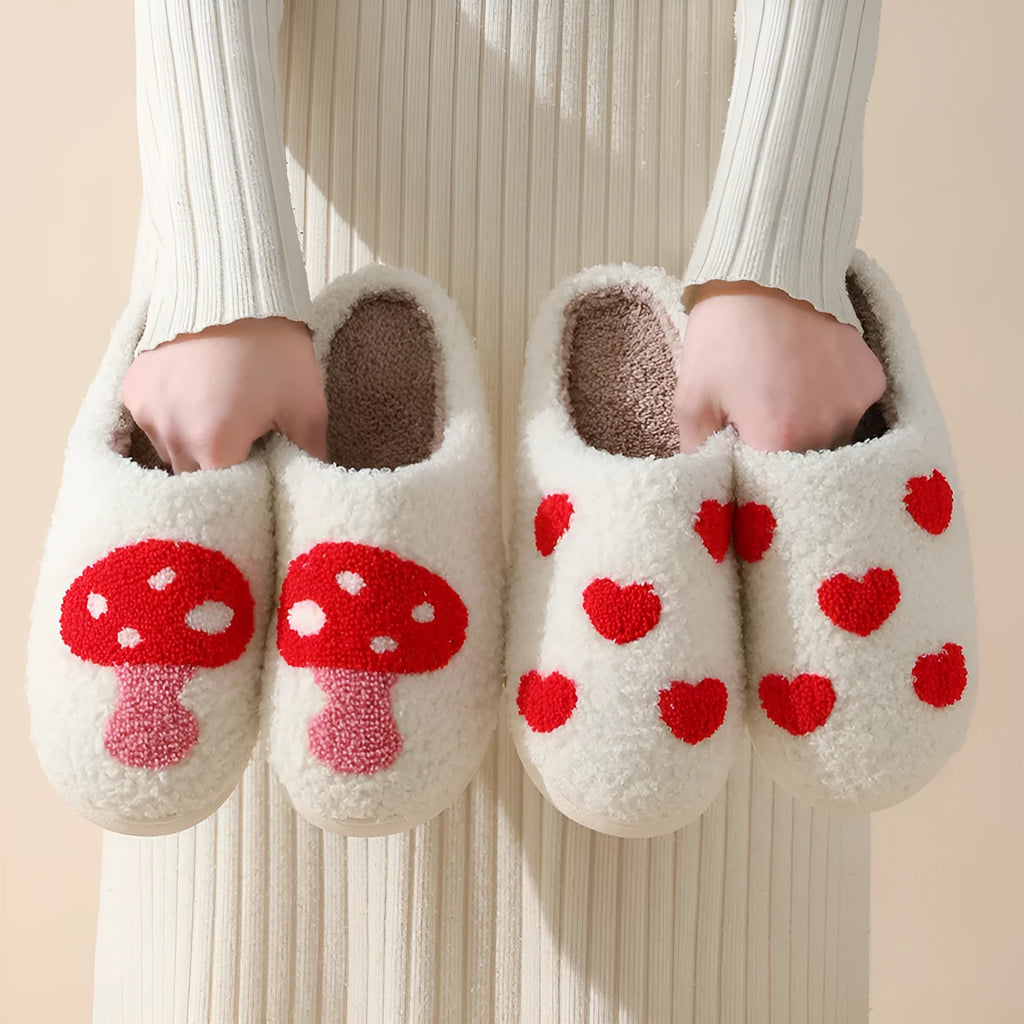 Plush home slippers with cartoon designs and non-slip PVC soles in adult female sizes