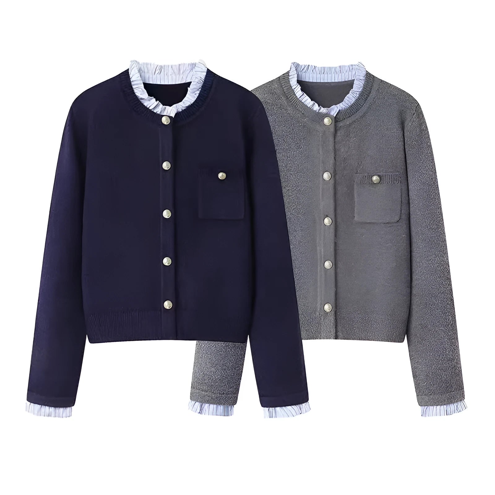 Women's pleated lace collar sweater coat in navy blue, acrylic knit, long sleeves