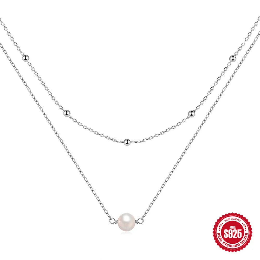 S925 sterling silver double layer necklace with twin pearls on geometric ball bead chain