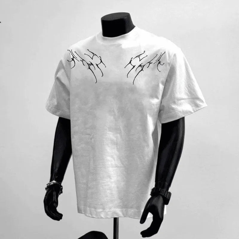 Men's black loose fit pure cotton short sleeve t-shirt with a print, laid flat.