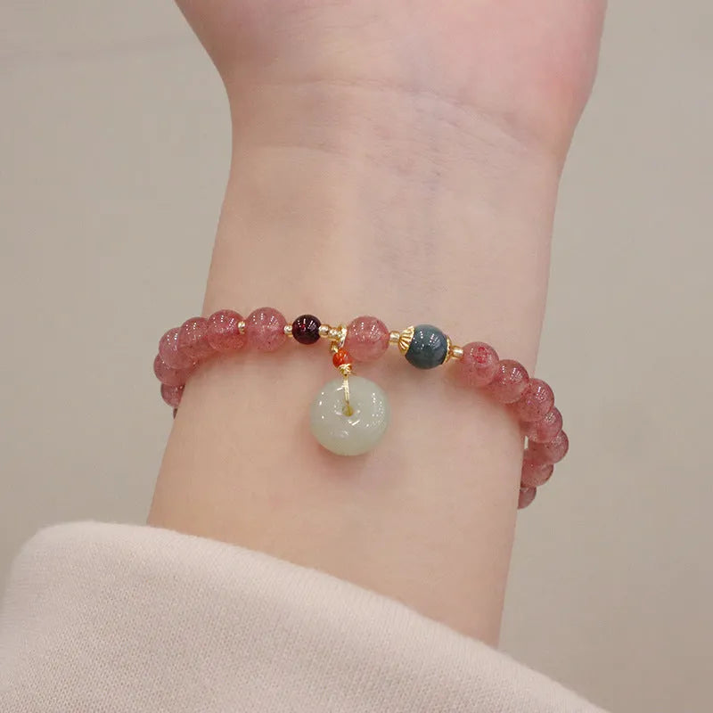Geometric strawberry quartz and Hetian jade bracelet for women with a purse clasp.
