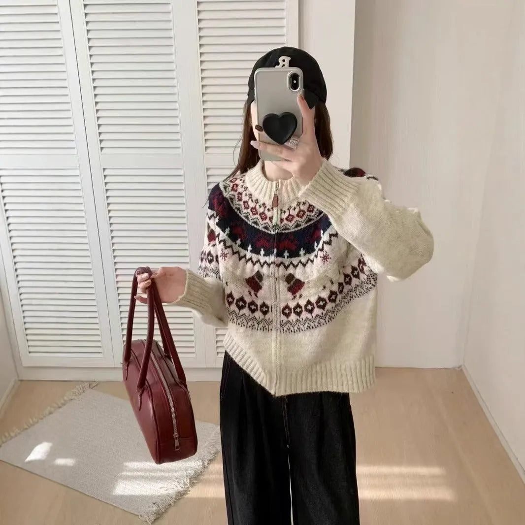 Ethnic style jacquard pullover sweater with 3D pattern in beige apricot colour showing round neck and regular sleeves