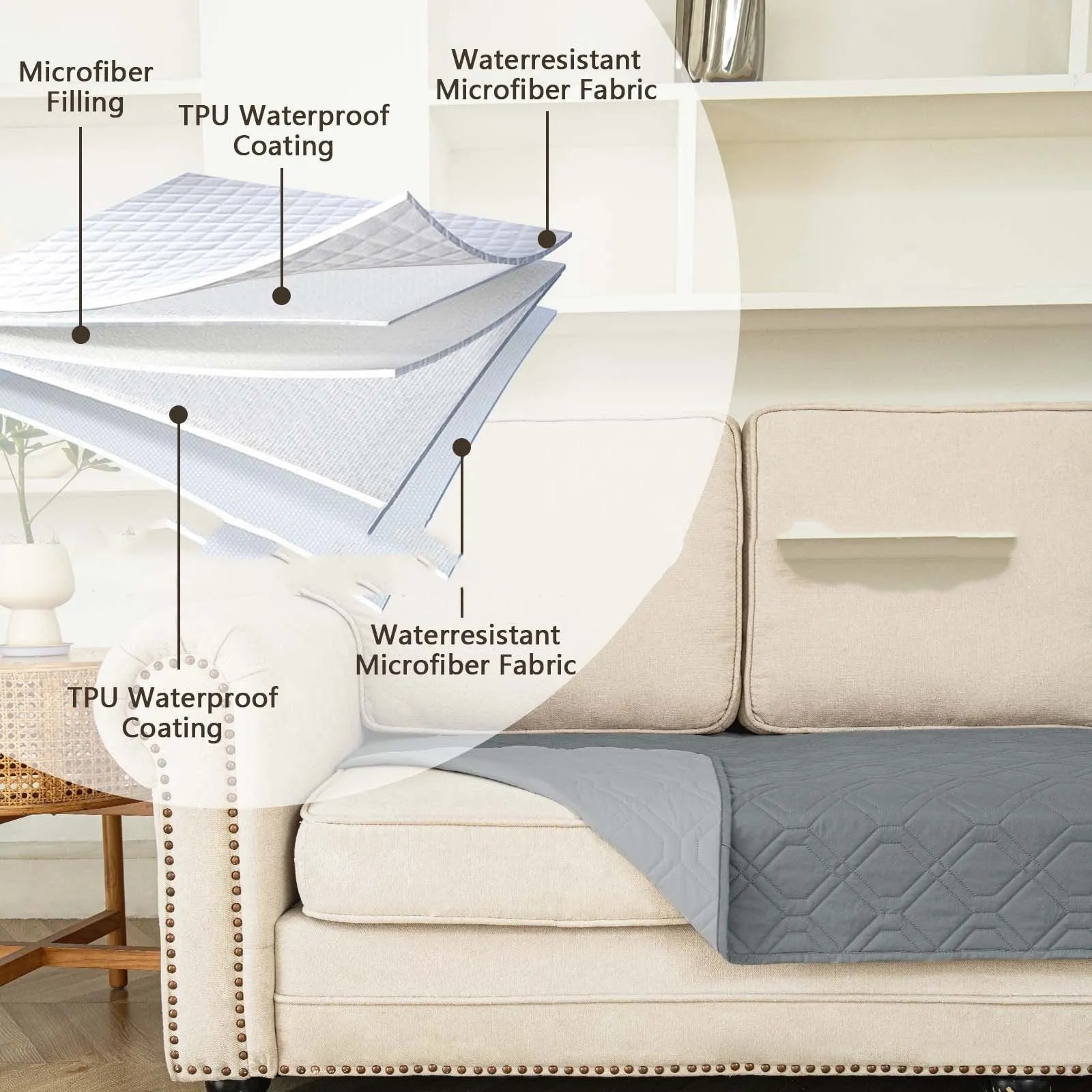 Reversible waterproof dog sofa cushion in dark grey and light grey or khaki and beige colours