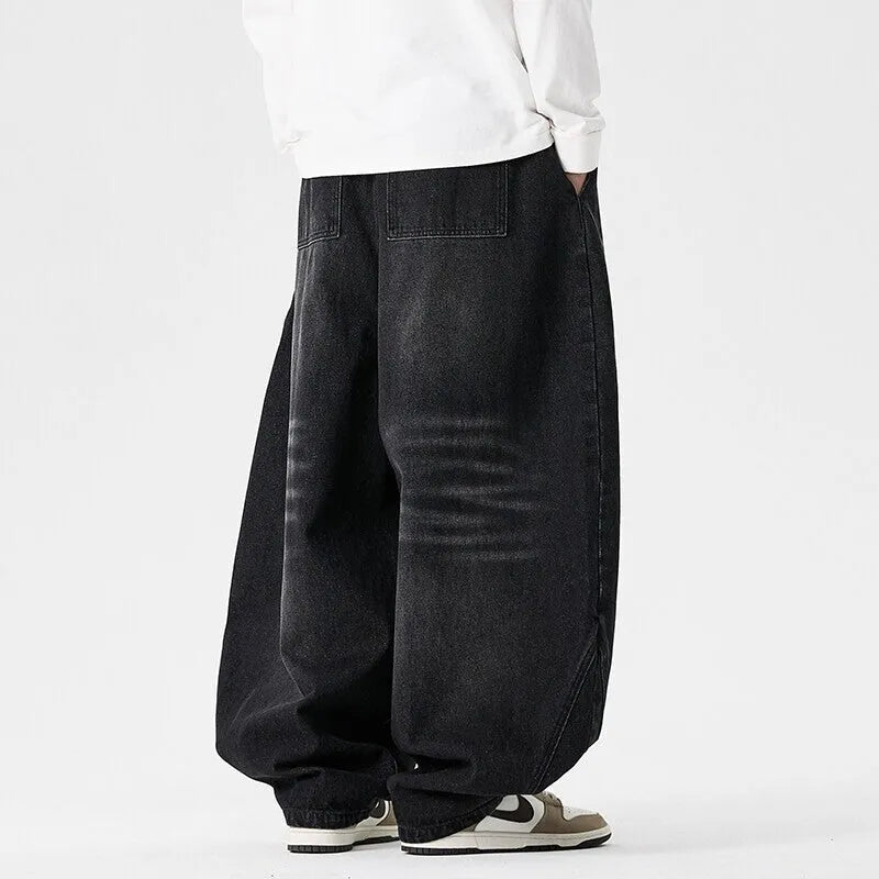 Men's plus size wide leg cotton denim jeans in three colour options with straight leg opening